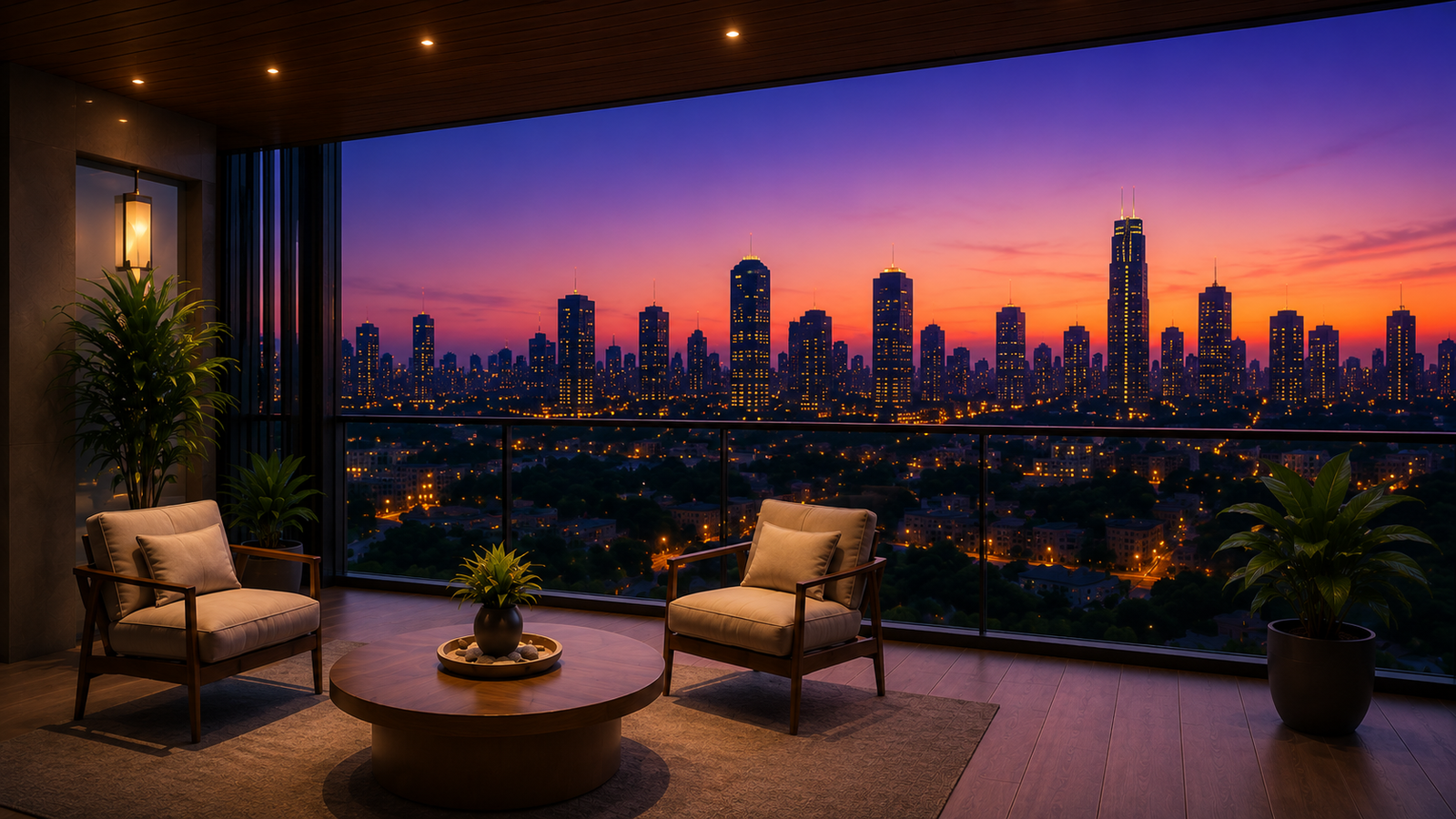 Luxury balcony overlooking the city skyline at dusk